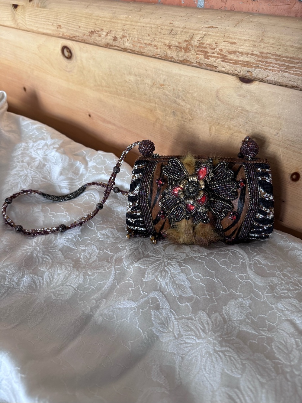 Mary Frances Tiger print Embellished Brown Beaded Evening Clutch